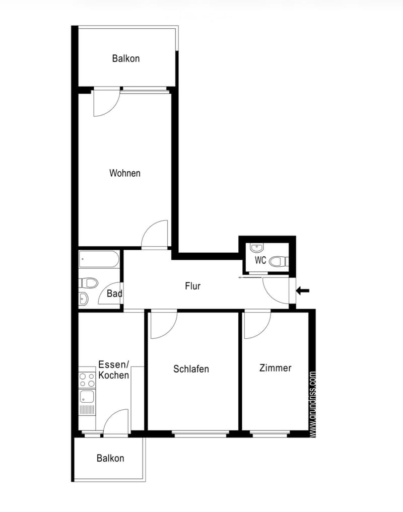 Floor plan of a 3-room apartment with a living area, bedroom, kitchen, bathroom, and two balconies.