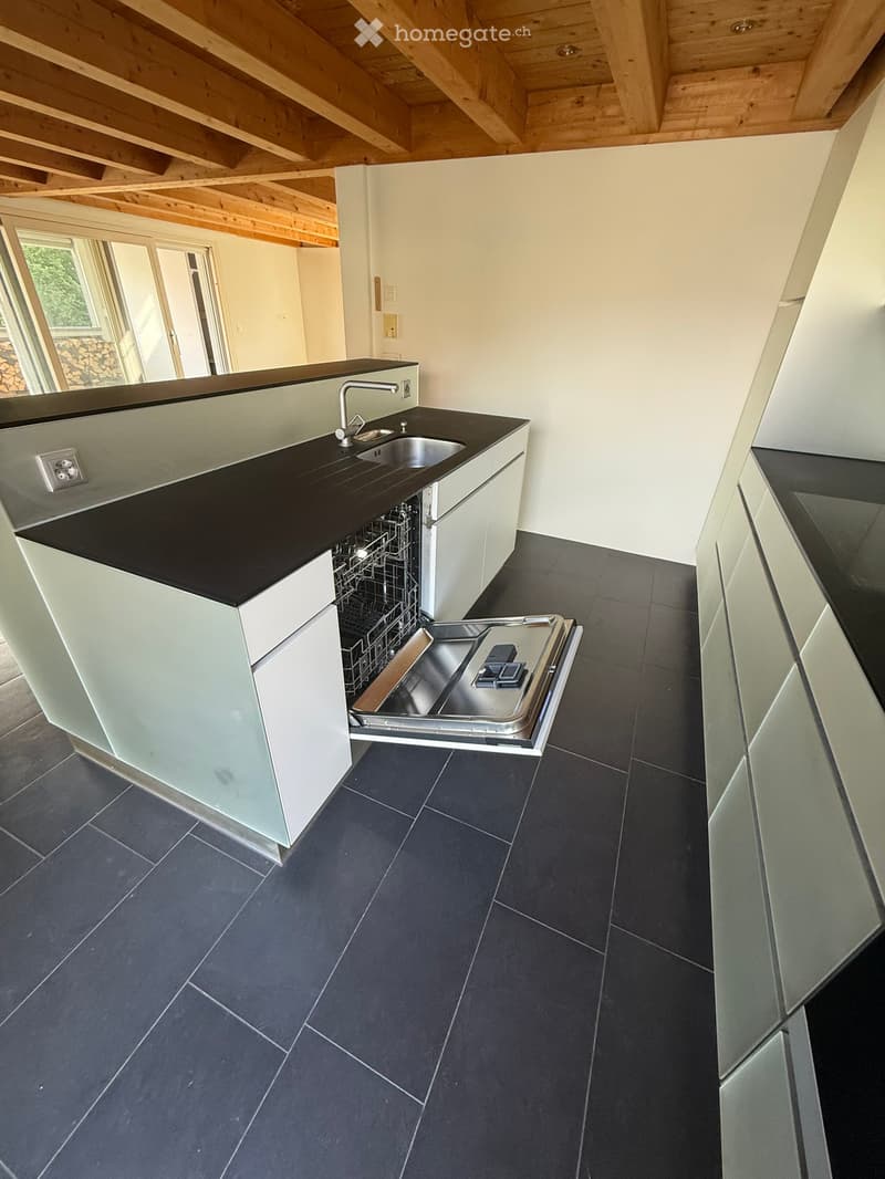 Modern kitchen with dark countertops, white cabinets, and a built-in dishwasher. Features a sink with a modern faucet and a sleek, contemporary design.