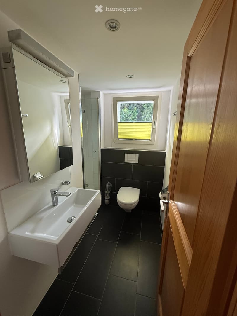 Modern bathroom with a white sink, chrome faucet, toilet, mirrored cabinet, and a glass-enclosed shower. Black tiles on the floor and lower walls, with a window offering natural light.