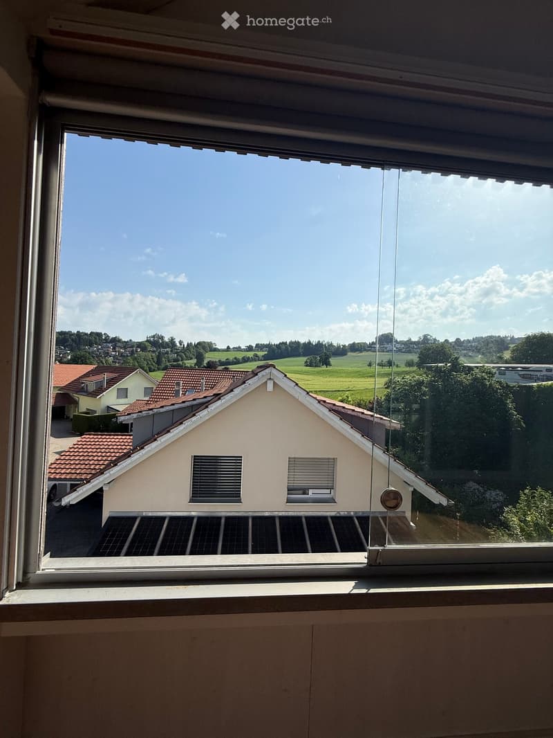 View from a balcony or terrace showing a suburban neighborhood with houses, green fields, and trees under a clear blue sky.