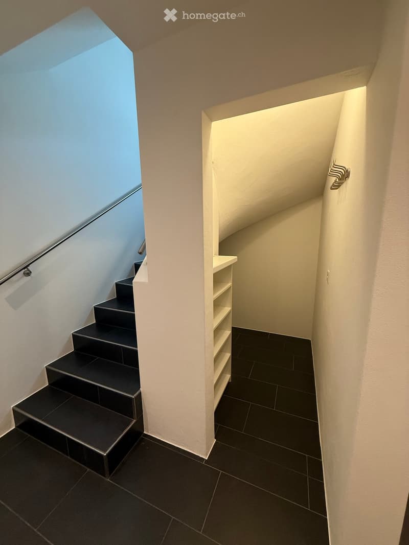 Modern hallway with black tiled floor, white walls, and a small built-in shelf. A staircase with black steps and a glass skylight leads upwards.
