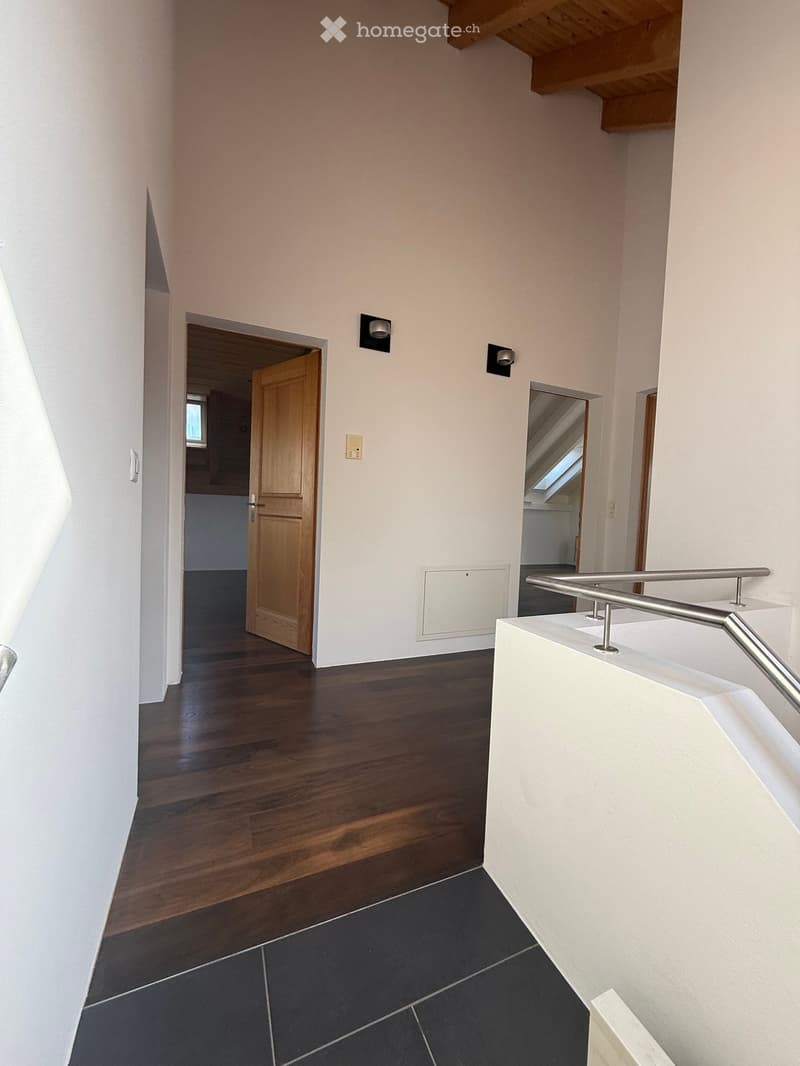 Modern hallway with wooden flooring, white walls, and a staircase with a metal railing. Features include a wooden door leading to another room and a skylight above the stairs.