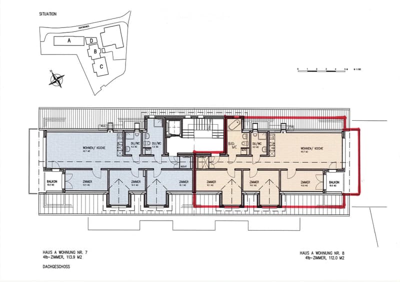 Floor plan of a 4-room apartment on the top floor, featuring two bedrooms, two bathrooms, a kitchen, living area, and two balconies.