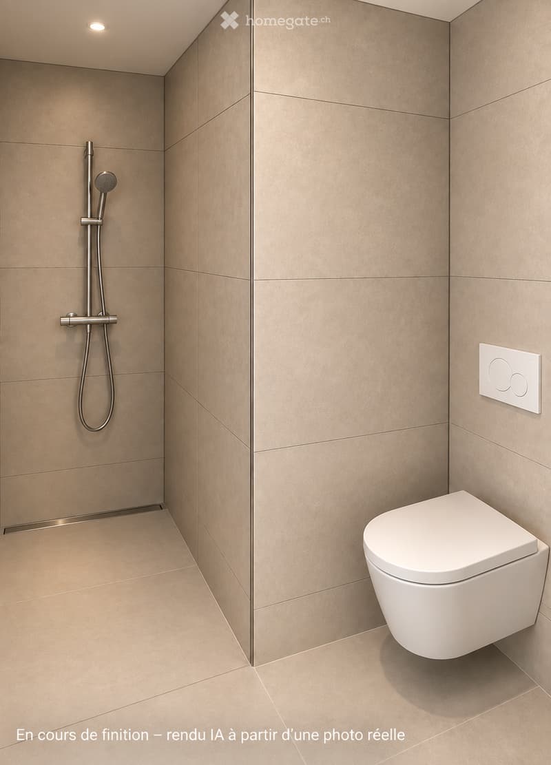 Modern bathroom with beige tiled walls and floor, featuring a white toilet, a sleek showerhead, and a modern faucet.