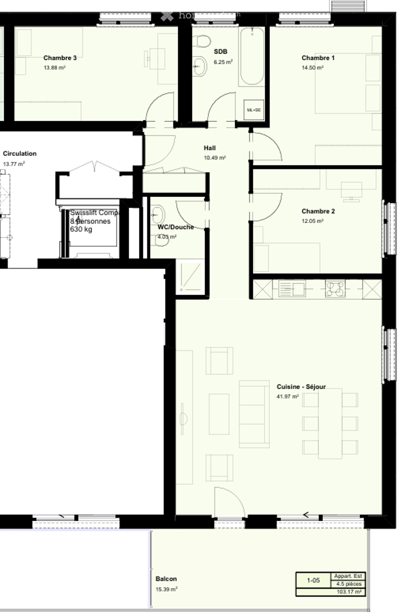 Floor plan of a 4-room apartment with a balcony, including three bedrooms, a hall, a bathroom, a kitchen, and a circulation area.