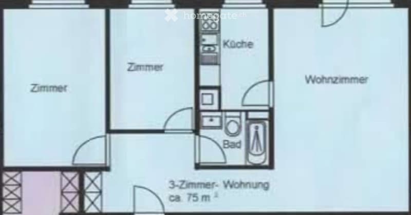 Floor plan of a 3-room apartment with approximately 75 m², including a living room, kitchen, two bedrooms, and a bathroom.