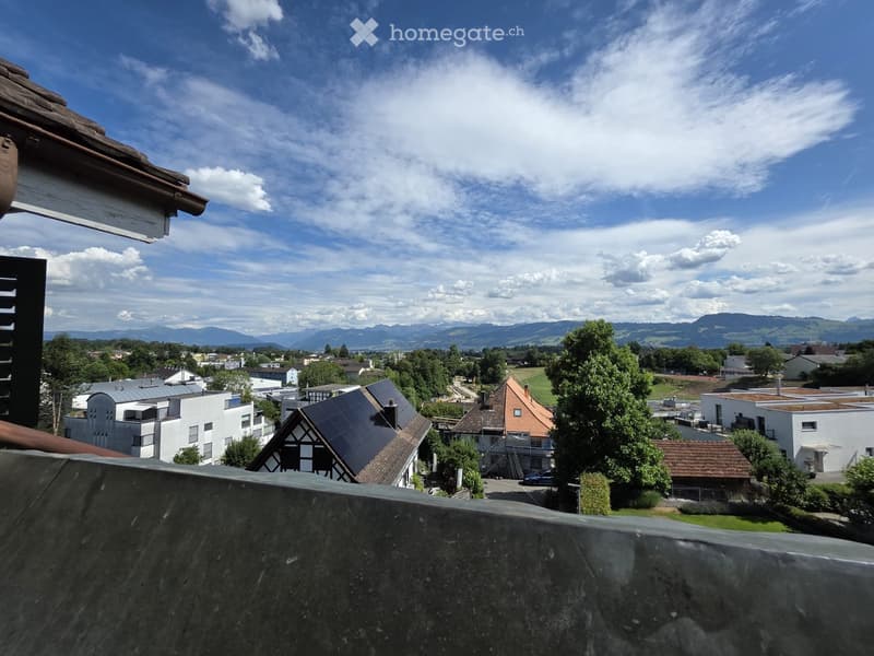 View from a balcony showing a town with houses, trees, and distant mountains under a partly cloudy sky.