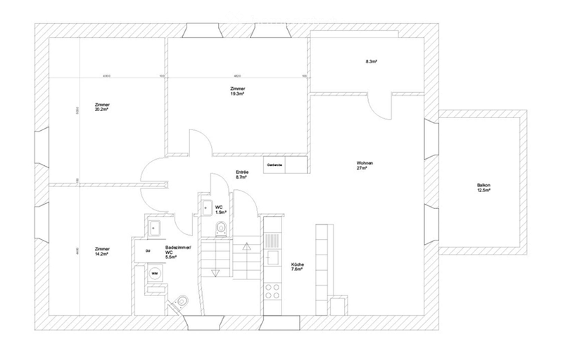 Floor plan of a 3-room apartment with a living room, two bedrooms, a kitchen, a bathroom, and a balcony.