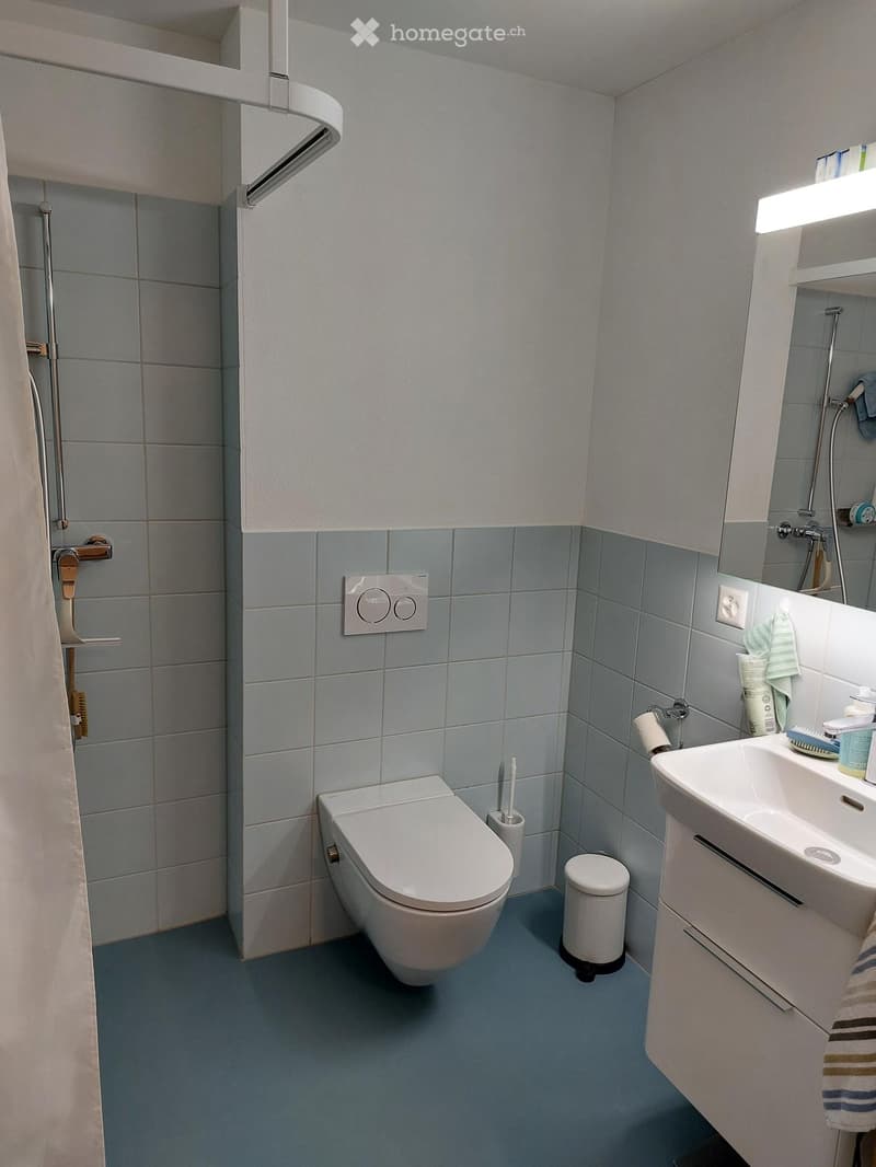 Modern bathroom with blue tiled walls, white toilet, sink, and mirror. Features include a shower curtain, light switch, and a small trash bin.