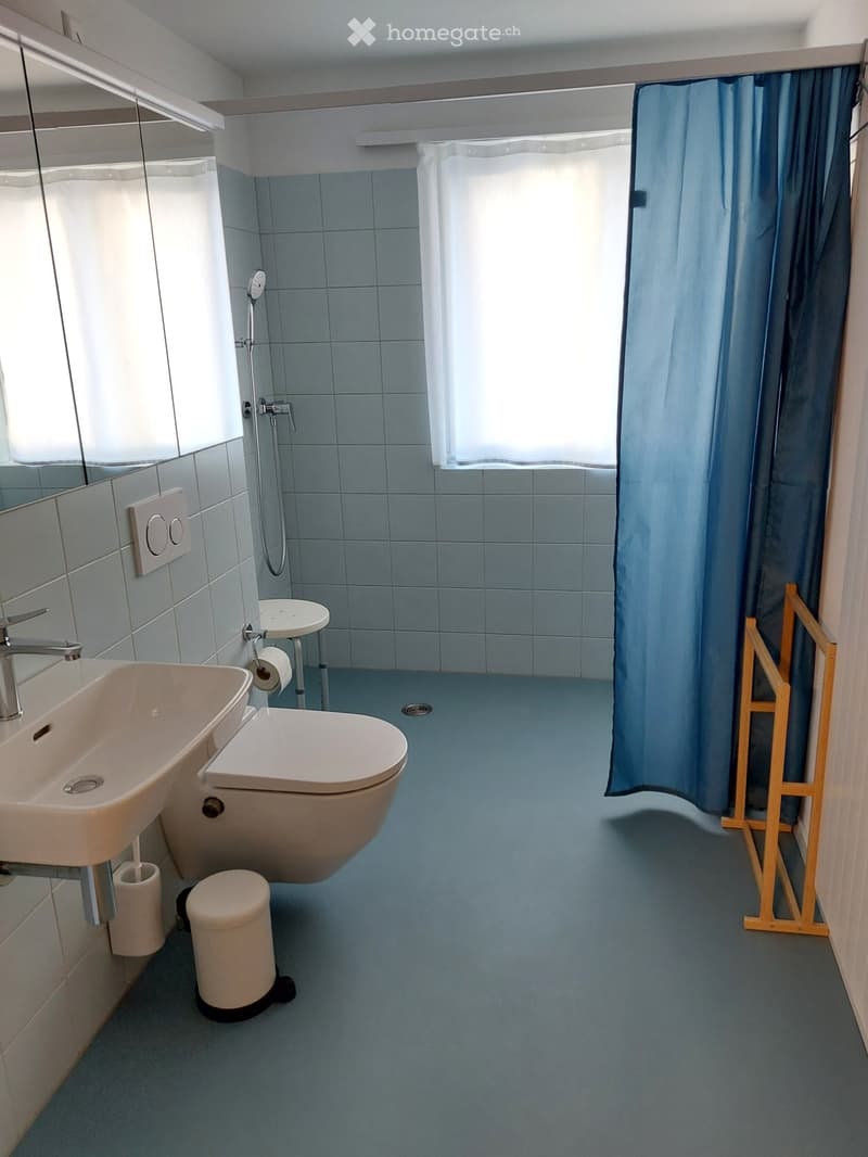 Modern bathroom with blue tiles, a sink, toilet, shower area with a curtain, and a small stool near the toilet.