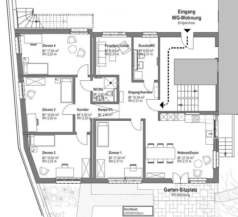 Floor plan of a ground-floor apartment with four bedrooms, living/dining area, kitchen, two bathrooms, hallway, and garden seating area.