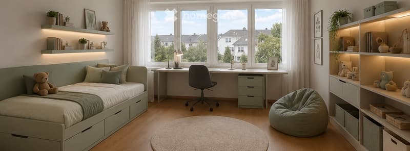 Modern bedroom with a single bed, desk, shelves, potted plants, and decorative items.