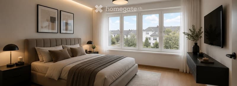 Modern bedroom with large windows, a neatly made bed, nightstands with lamps, picture frames on the wall, and a sleek black side table with a vase and candles.