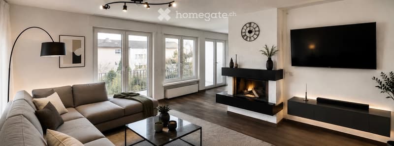 Modern living room with a sectional sofa, coffee table, fireplace, wall-mounted TV, floor lamp, and decorative vases. Large windows and a balcony offer a view of the outside.