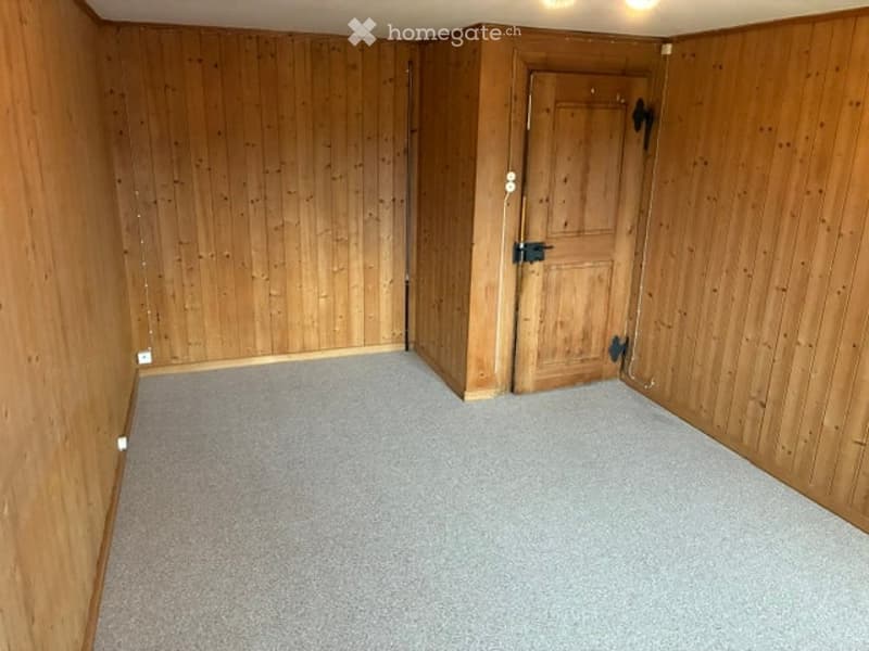 Empty room with wooden paneled walls and carpeted floor, featuring a single wooden door.