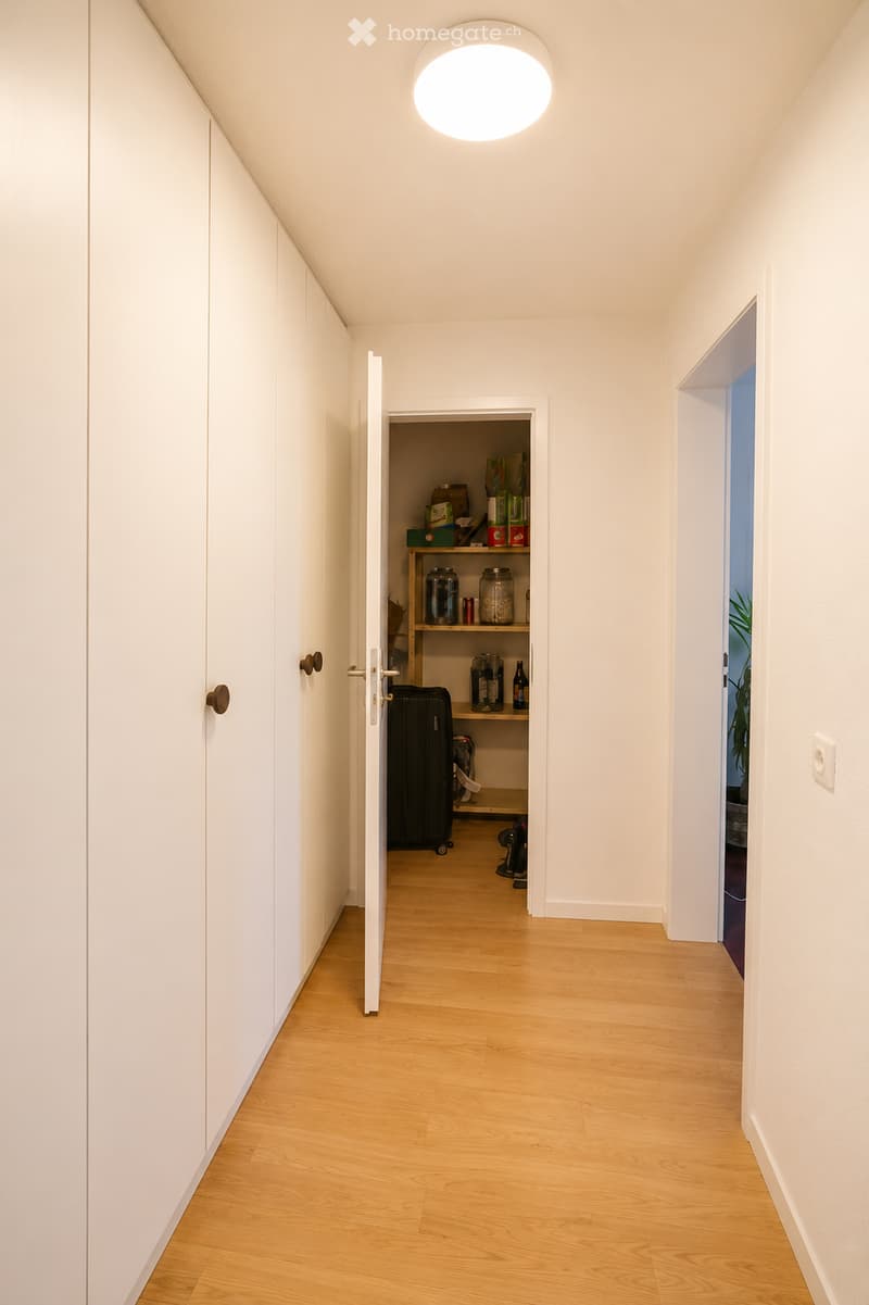 A narrow hallway with light wooden flooring, white walls, and built-in white cabinets on one side. An open closet reveals stored items, and a round ceiling light illuminates the space.