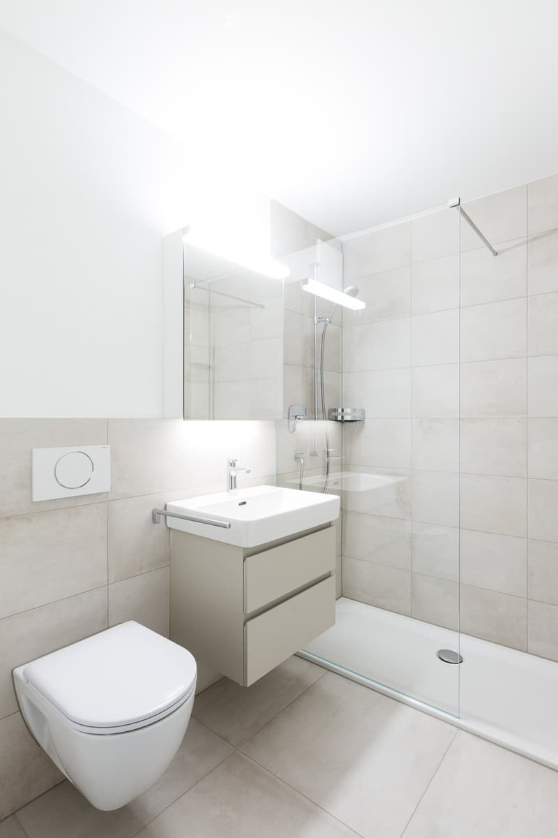 Modern bathroom with a white toilet, sink with a modern faucet, a large mirror, and a glass-enclosed shower area.