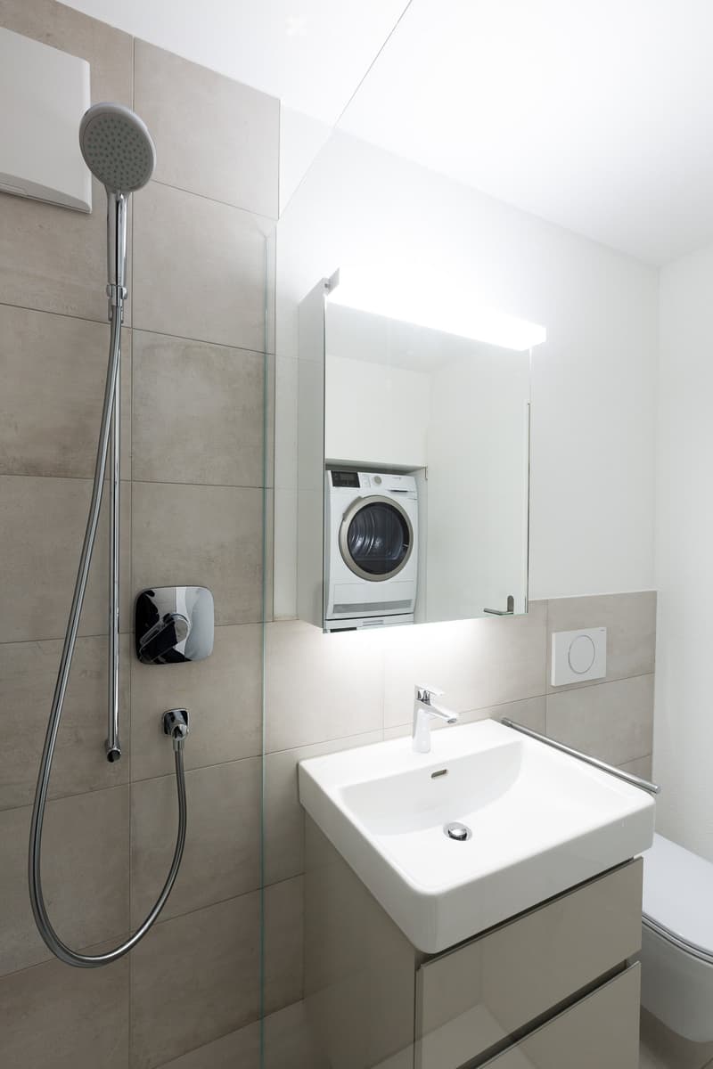 Modern bathroom with a white sink, chrome faucet, glass-enclosed shower area, and a built-in washing machine.