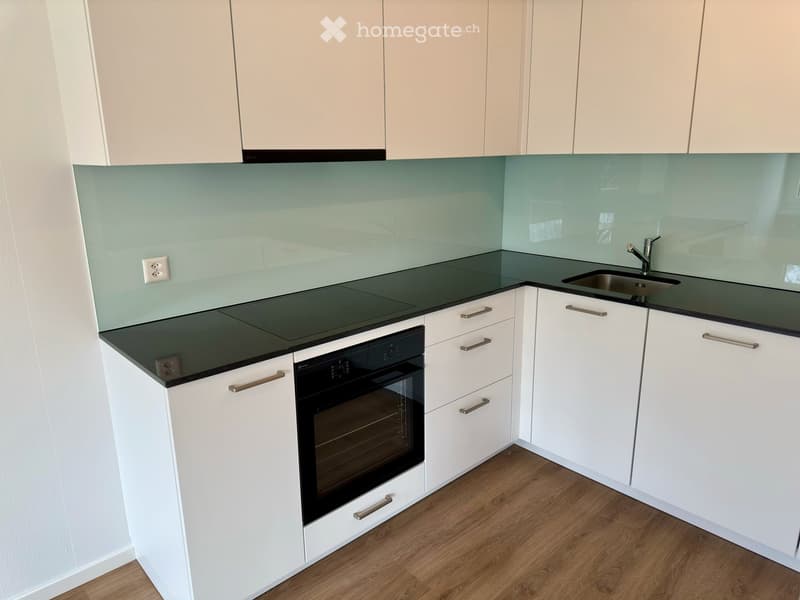 Modern kitchen with white cabinets, black countertops, an induction cooktop, and a built-in oven. Features a sleek glass backsplash and a stainless steel sink with a modern faucet.