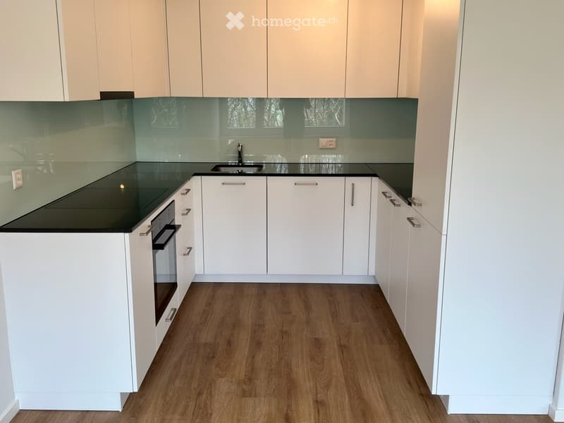 Modern kitchen with white cabinets, black countertops, and a sleek backsplash. Features include a built-in oven and a sink with a modern faucet.