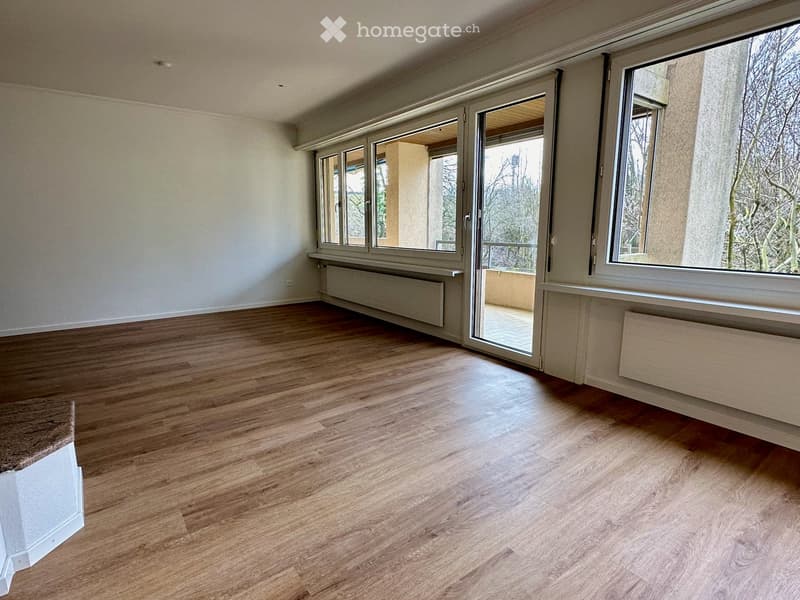 Empty room with wooden flooring, large windows, and radiators under the windows.