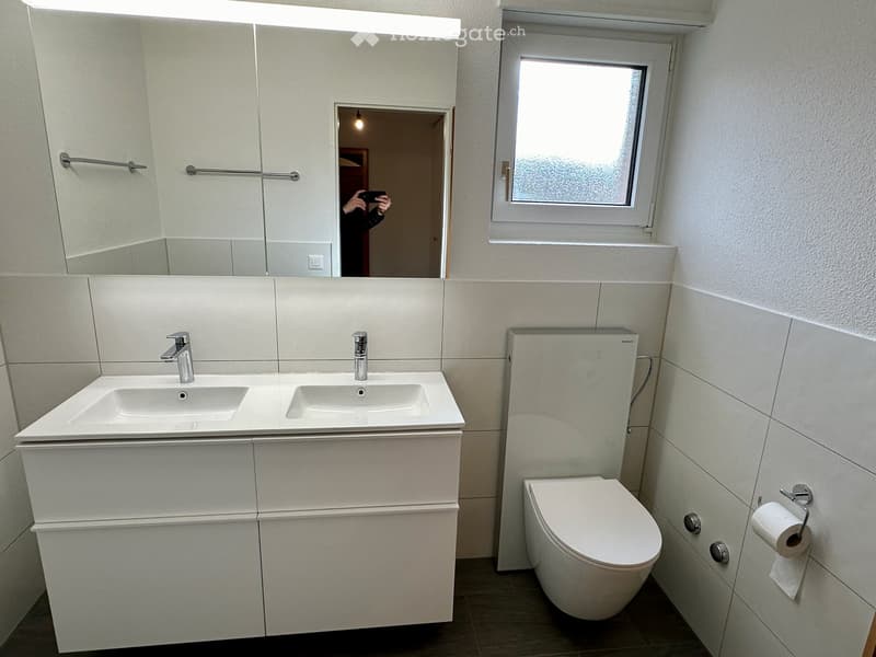 Modern bathroom with double sink, toilet, large mirror, and built-in cabinetry.