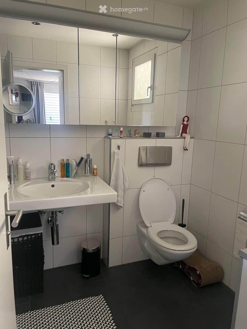 Modern bathroom with white tiles, a sink with a faucet, a toilet, a mirror, a towel, and various toiletries on the sink counter.