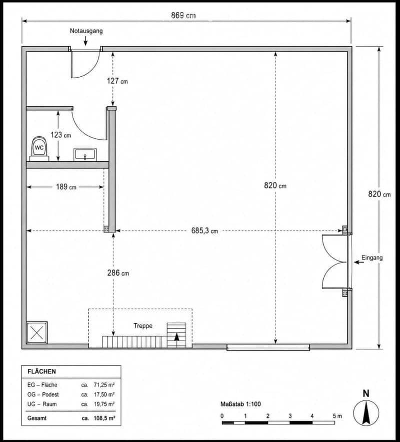 Floor plan of a multi-level building with labeled dimensions, including a WC, staircase, and entrance.