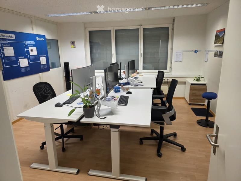Modern office space with white desks, ergonomic chairs, multiple computer monitors, keyboards, mice, a laptop, a small potted plant, and a cabinet.