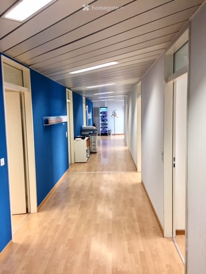 Clean, modern hallway with light wooden flooring, white walls, and blue accent wall. Features recessed lighting and several doors leading to rooms.
