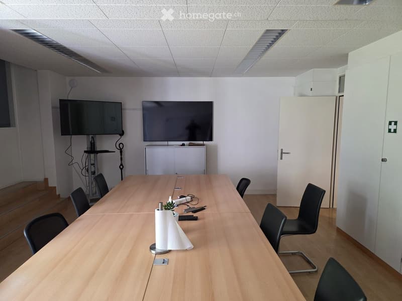 Conference room with a long wooden table, black chairs, two large screens mounted on the wall, a small cabinet, and a plant on the table.