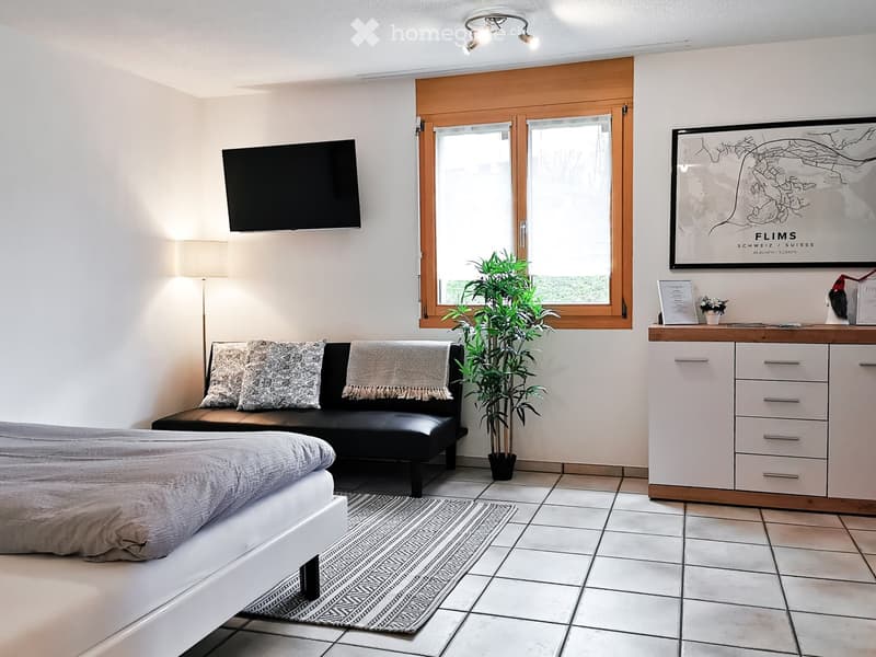 Modern, well-lit room with a bed, sofa, small table, and decorative items. Features a large window with wooden frame, potted plant, and artwork on the wall.