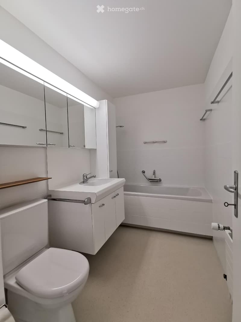 Modern bathroom with white fixtures, including a toilet, bathtub, sink, and mirrored cabinet. The space features sleek, contemporary design elements and ample natural light from a skylight.