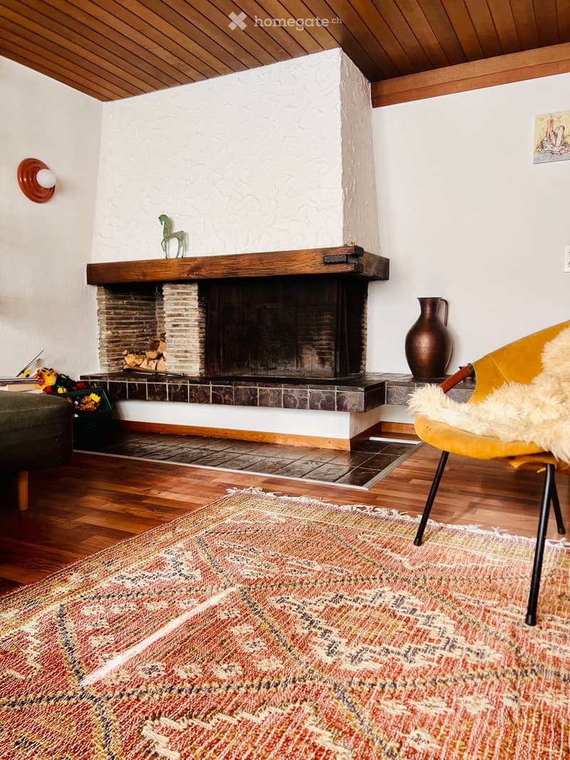 Living room with a fireplace, wooden floor, colorful rug, sofa, chair, and decorative items.