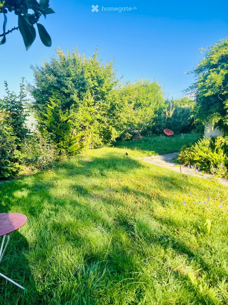 Lush green garden with tall trees, grass, and a small pathway leading to a red chair in the distance.