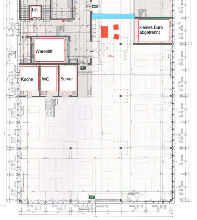 Floor plan of a commercial space with labeled areas including a kitchen, WC, server room, warehouse lift, lift, and a small office area.