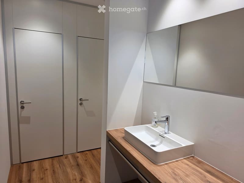 Modern bathroom with a white sink, chrome faucet, wooden countertop, and large mirror. The room features light-colored wooden flooring and white walls.