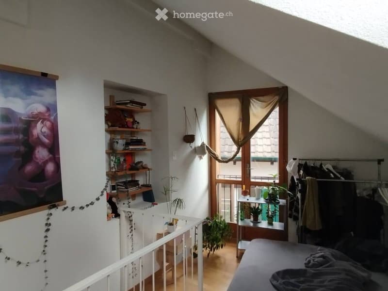 Cozy attic bedroom with wooden floors, slanted ceilings, and large windows. Features a bed, shelves with books and decorative items, potted plants, and a clothing rack.