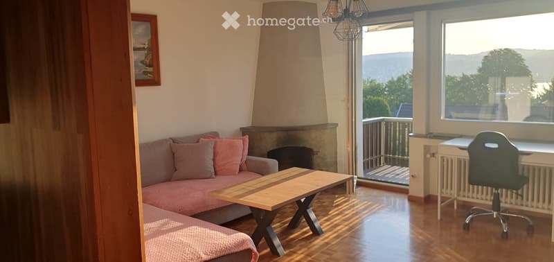 Cozy living room with a grey sofa, pink cushions, wooden coffee table, fireplace, and a view of the landscape through large windows.