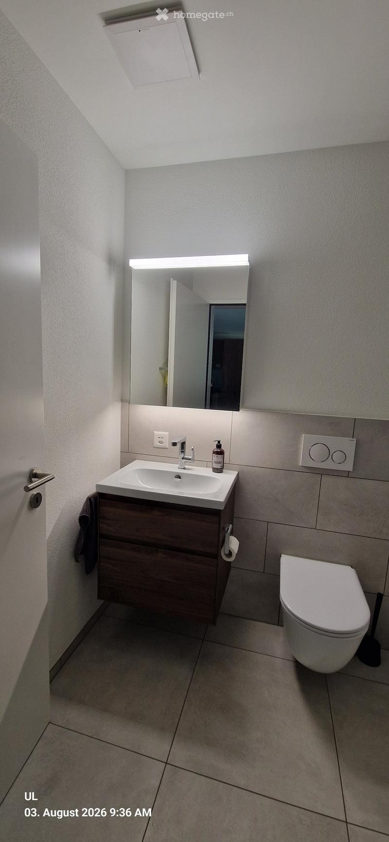 Modern bathroom with a white sink, dark wooden cabinet, mirror with built-in lighting, toilet, and a towel hanging on the door.