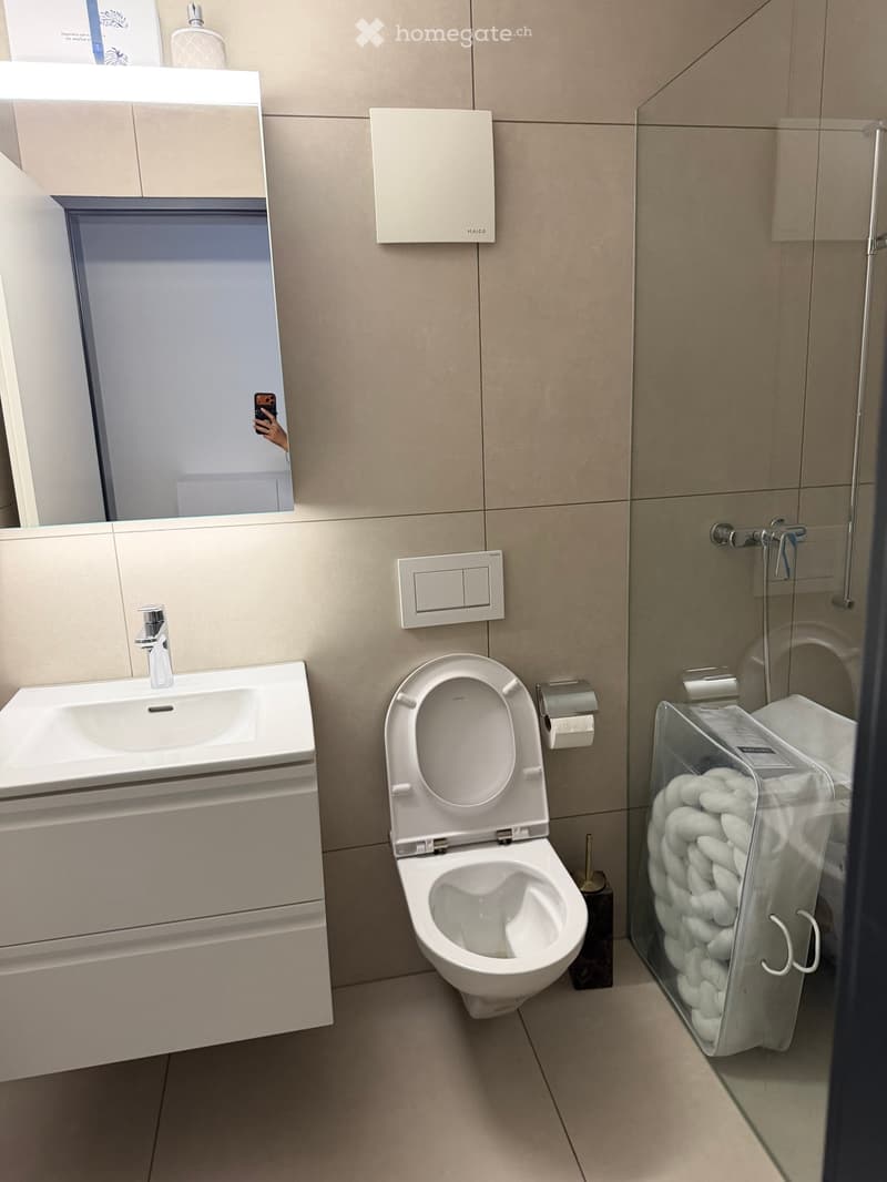 Modern bathroom with a white sink, toilet, and shower. Features a large mirror above the sink and a towel in the shower area.