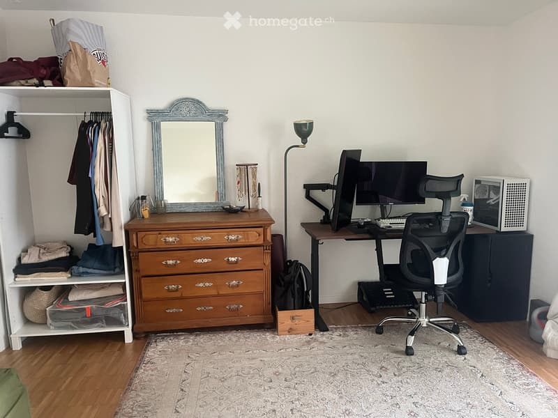 A well-organized bedroom with a wooden dresser, a desk with a laptop, a chair, a mirror, and a closet with clothes and storage items.