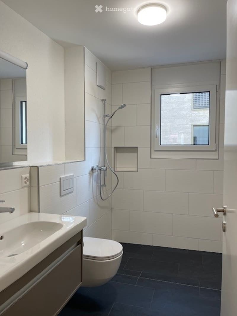 Modern bathroom with white tiles, a sink, mirror, toilet, and a shower with a handheld sprayer. The room features a dark blue floor and a window providing natural light.