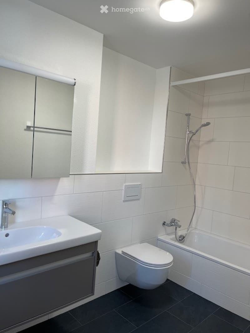 Modern bathroom with white tiles, a sink with a mirror, a toilet, a bathtub, and a showerhead.