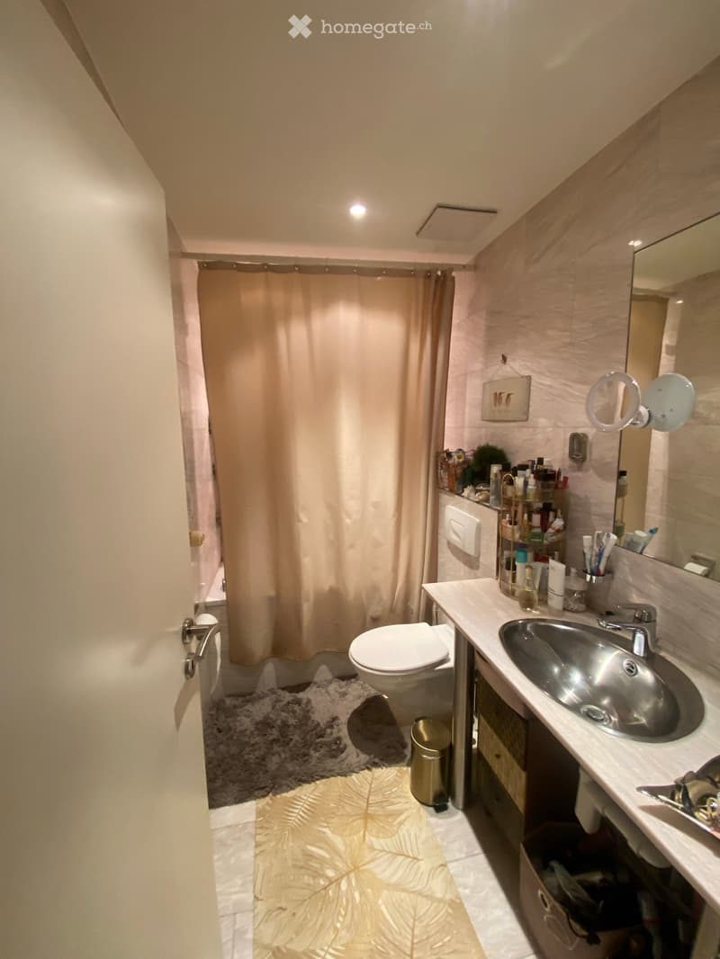 Modern bathroom with a toilet, sink, mirror, and shower curtain. Includes a cosmetic rack, toothbrush holder, and a small rug on the floor.