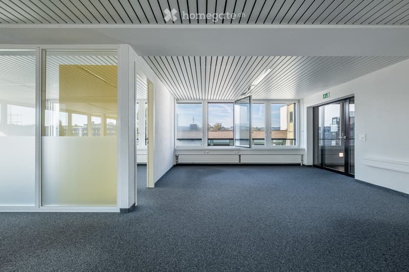 Empty room with grey carpet, white walls, large windows, and a glass partition. No furniture or equipment present.