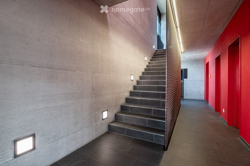 Modern interior corridor with a staircase leading upwards, featuring concrete walls, dark tiled steps, integrated lighting, and a red accent wall on the right side.