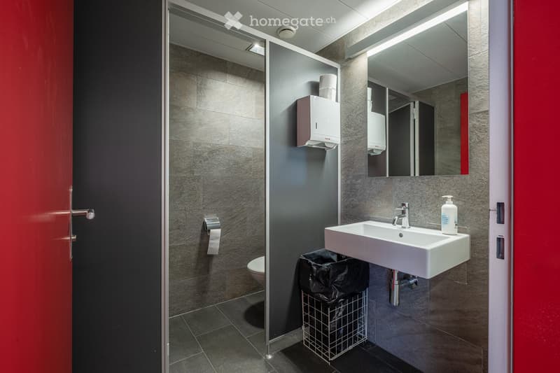 Modern bathroom with grey tiled walls and floor, white sink, chrome faucet, mirror with built-in lighting, toilet paper holder, and soap dispenser.