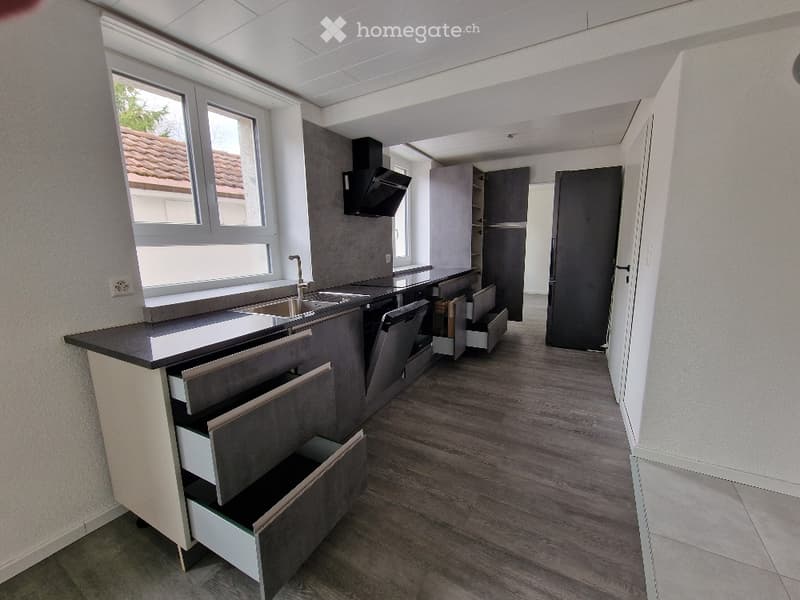 Modern kitchen with grey cabinets, white drawers, black countertop, stainless steel sink, and a built-in refrigerator.