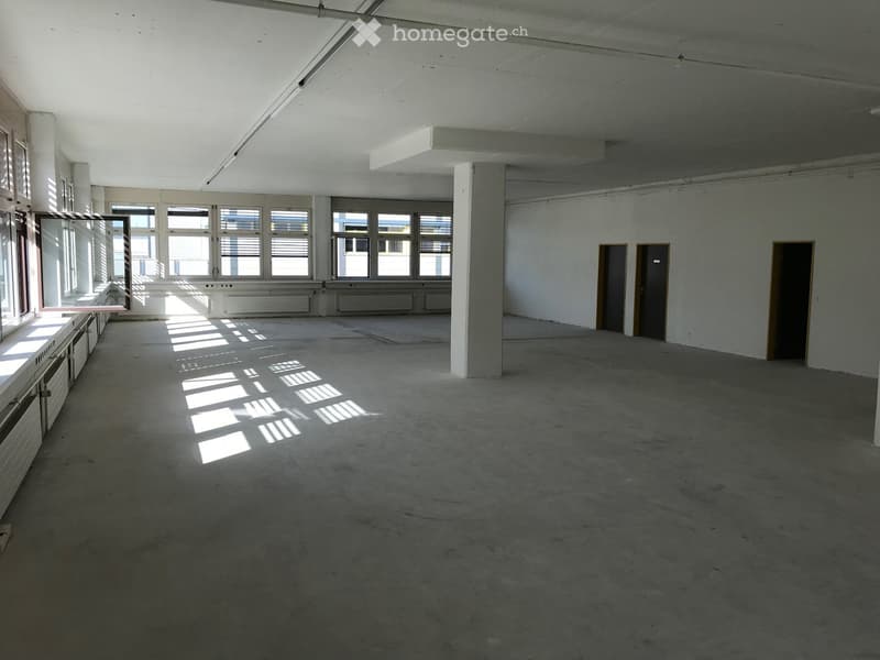 Empty room with concrete floor, white walls, large windows, and several doors.